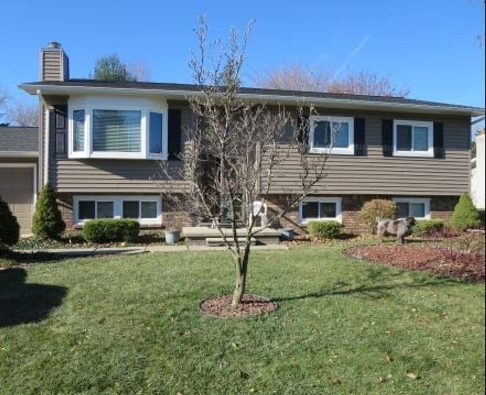 Split-level home with brown siding, landscaped yard, and a small tree in front.